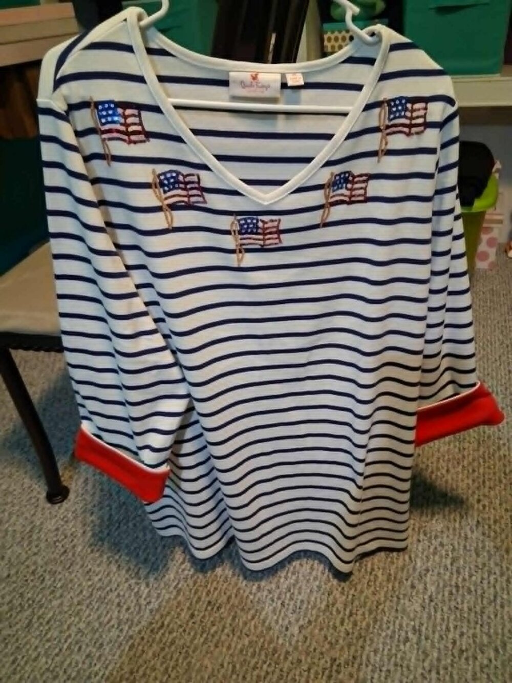 Woman's Quacker Factory shirt with American Flags 2X EUC
